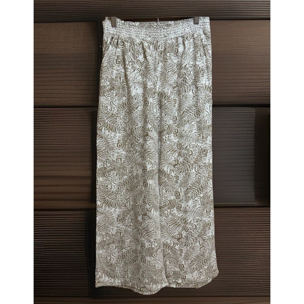 CALI 1850 Linen Blend Wide Leg Palazzo Pants Tropical Tan On White, Large, EUC